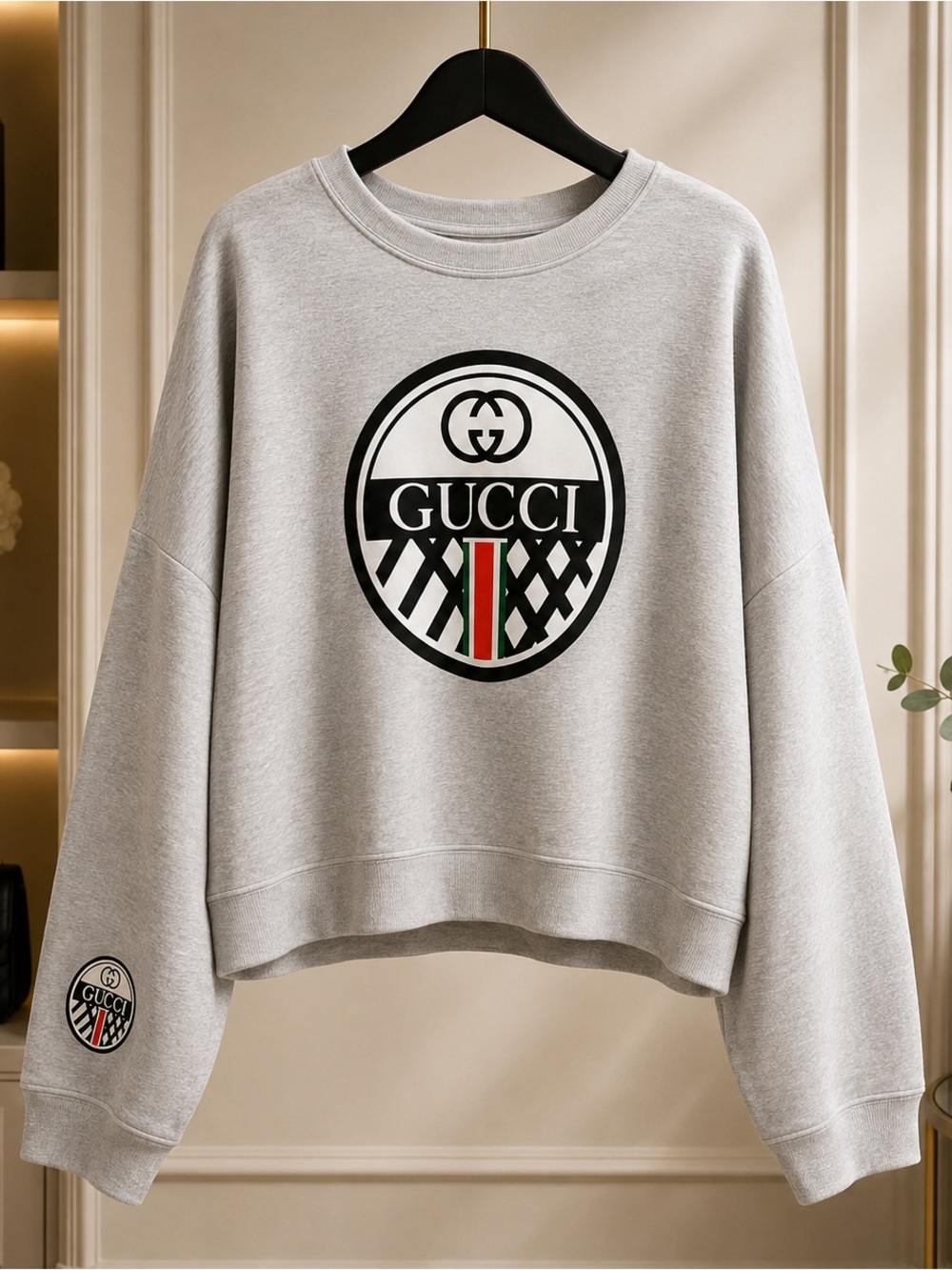 Plus Size Light Gray Logo Crew Sweatshirt with Red-Green Stripe